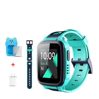 SE5 Plus blue children phone watch with stainless steel wristband on child's wrist
