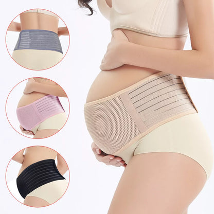 Adjustable mid-pregnancy abdominal support belt in pink, black, brown, and gray