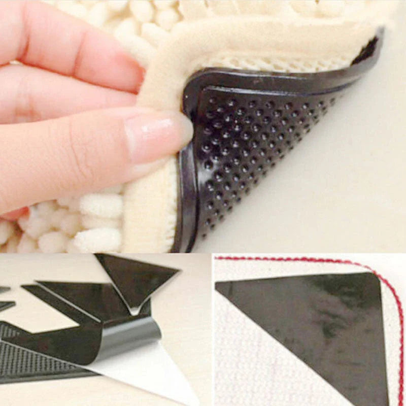 Secure rug grippers with polymer technology to prevent curling, slipping, and tripping on hardwood, tile, and other floor surfaces