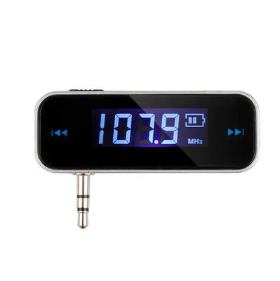 Black car FM transmitter with 3.5mm aux audio input, LCD display and PLL digital stereo, for Android phones and iPhones.