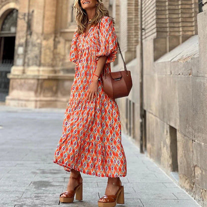 Elegant boho-chic summer dress with floral print in various color options