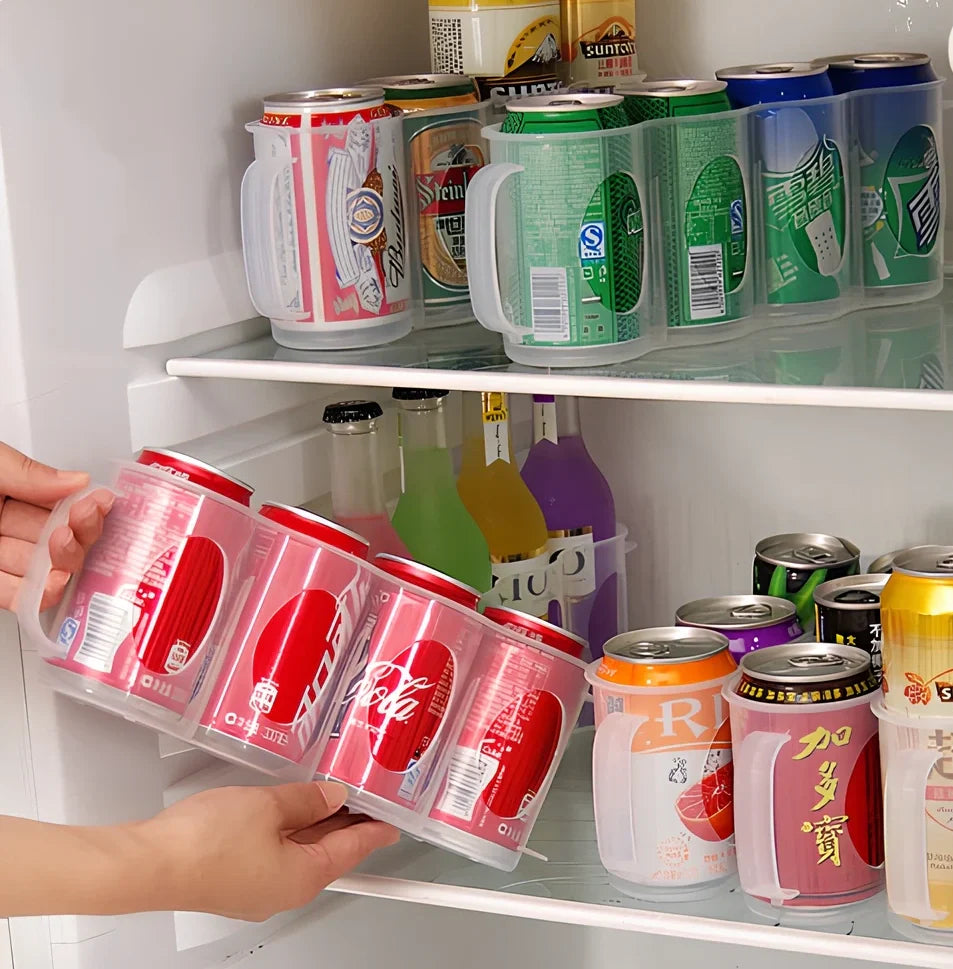 Transparent refrigerator storage box holding 6 beverage cans with dimensions 29.2cm long × 7.7cm wide × 10.8cm high