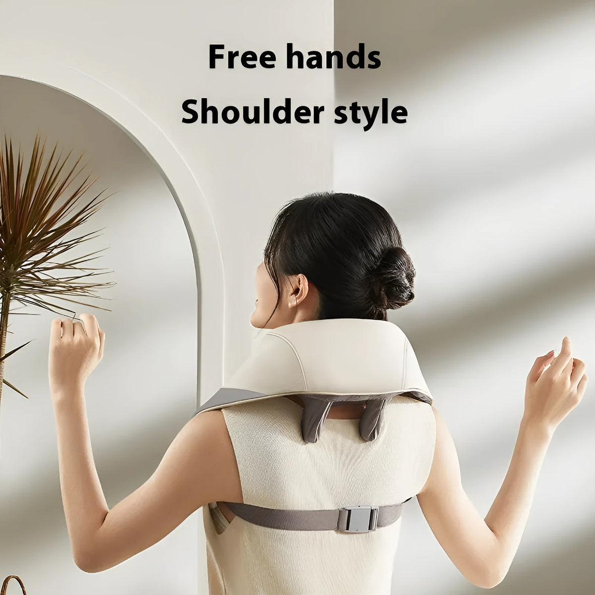 White brown rechargeable electric massager with free hands rubbing clip for neck, shoulder, waist and back, three gear settings and timing function