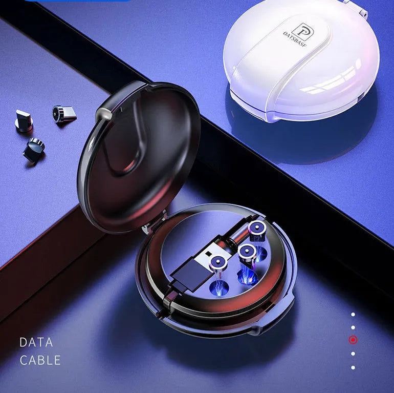 Black 3-in-1 magnetic retractable car phone charger with three charging plugs and magnetic patch