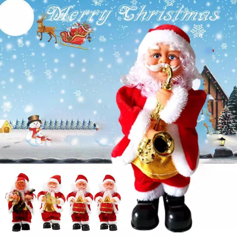 Electric Santa Claus Music Doll playing saxophone, guitar, and drums for holiday decoration