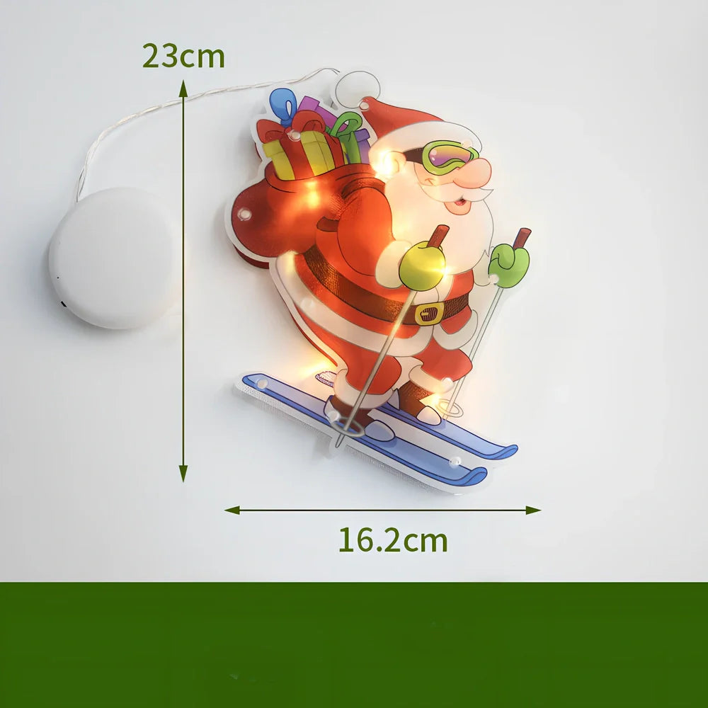 LED Christmas hanging lights with suction cups showing snowman design illuminated on window