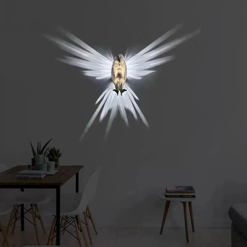 3D animal wall lamp projector featuring an eagle owl silhouette in resin construction with dimensions of 22.5cm by 9cm by 12cm for atmospheric lighting effects and artistic home decor