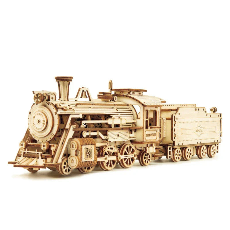 3D wooden train puzzle kit with 308 interlocking pieces for a rewarding DIY building experience