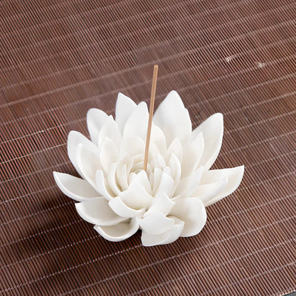 White porcelain lotus incense burner showing S and L size options with ceramic construction