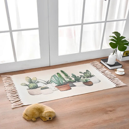 Hand-woven Scandinavian style linen cotton rug with woven tassels in plant-dyed colours measuring 60x90cm