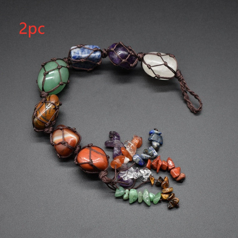 Handwoven natural stone 7 chakra car pendant with irregular design, approximately 31.5cm in length