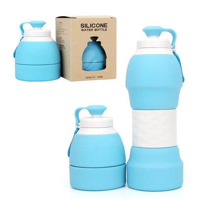 Blue silicone folding water bottle shown both extended and collapsed, next to a backpack.
