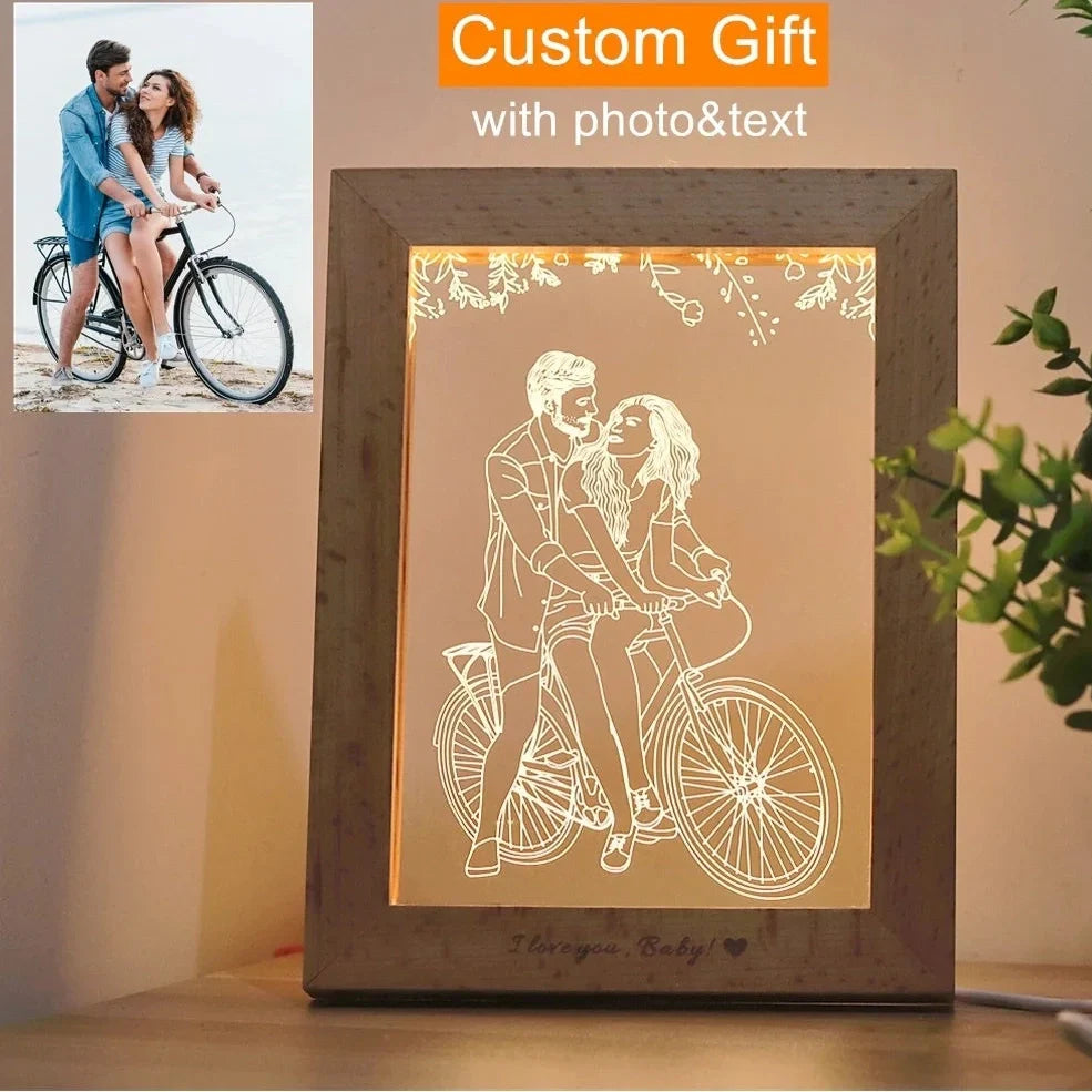 3D LED photo frame table lamp with beech wood frame and acrylic board displaying custom text