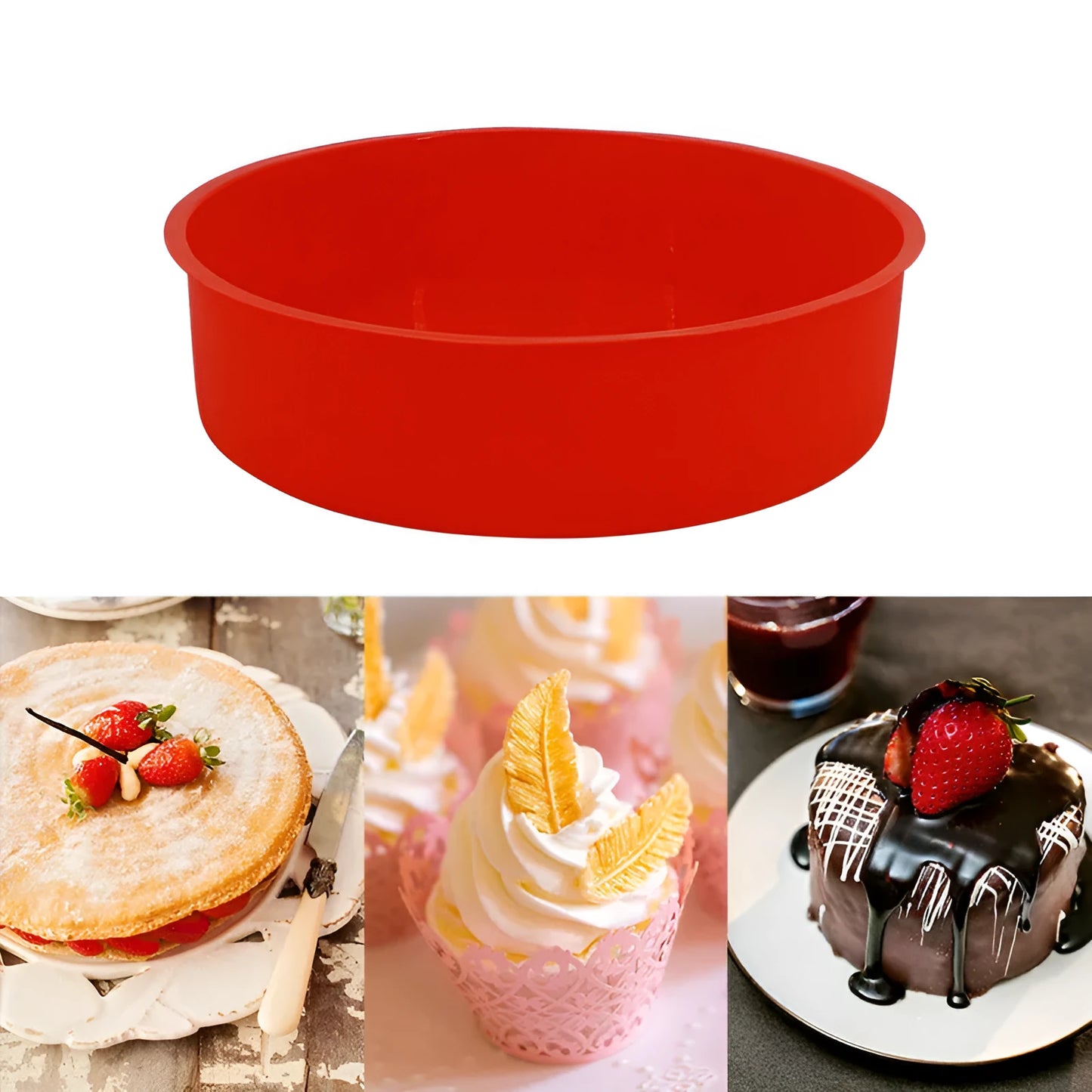 Red silicone round cake mould set showing 4-inch, 6-inch, and 8-inch sizes for baking