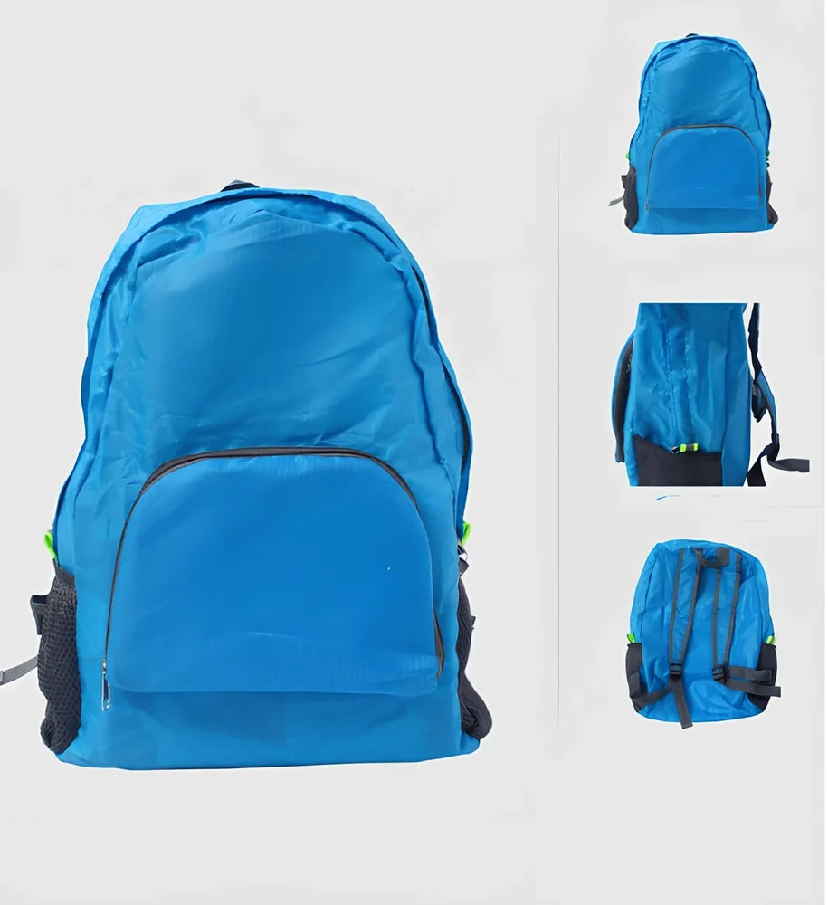 Yellow foldable sports backpack showing 30.5x42cm dimensions and compression feature