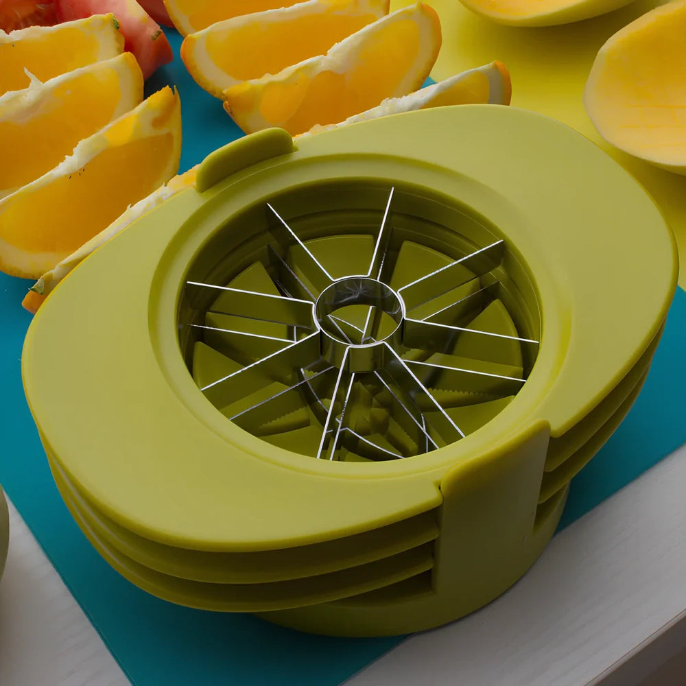 Green three-function fruit slicer for apples, tomatoes, and mangoes measuring 18.3cm