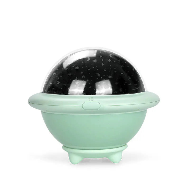 UFO-shaped starry sky light projection lamp in green, pink, or white, measuring 15.1 cm wide