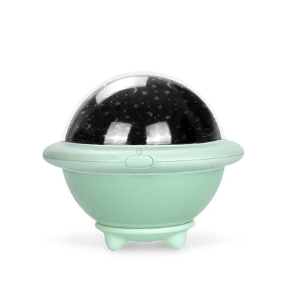 UFO-shaped starry sky light projection lamp in green, pink, or white, measuring 15.1 cm wide