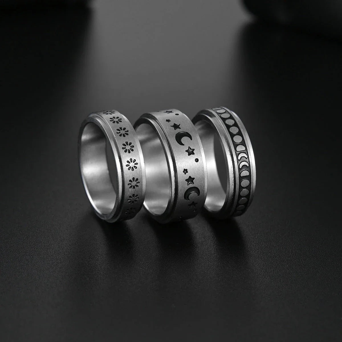 Titanium steel ring with captivating star and moon designs, available in various styles and sizes