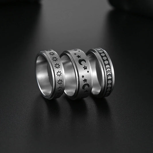 Titanium steel ring with captivating star and moon designs, available in various styles and sizes