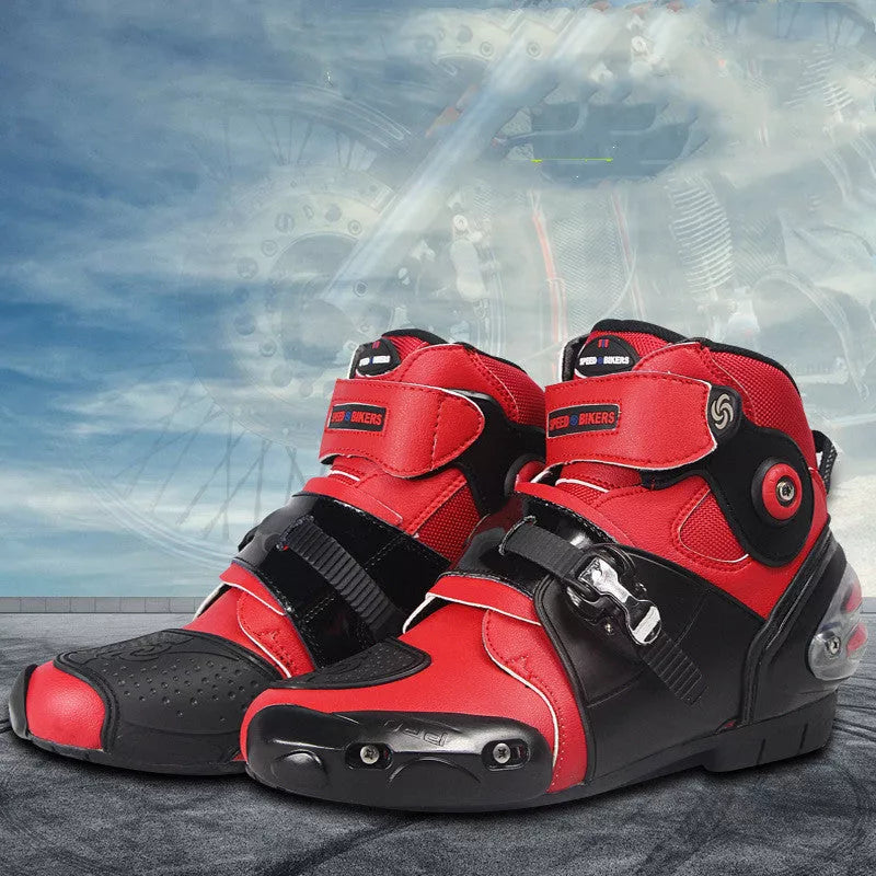 Road motorcycle ankle boots with anti-twist design in red, black, and white
