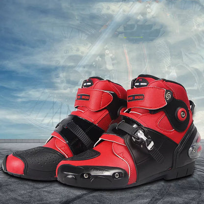 Road motorcycle ankle boots with anti-twist design in red, black, and white