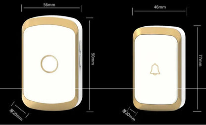 White wireless doorbell kit with plug-in chime and battery-powered button on a wooden door