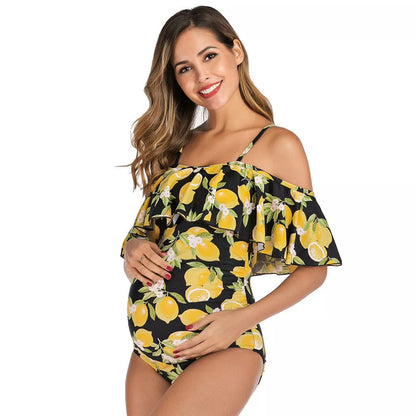 Lemon ruffled one-piece maternity swimsuit with chest pad for pregnancy support