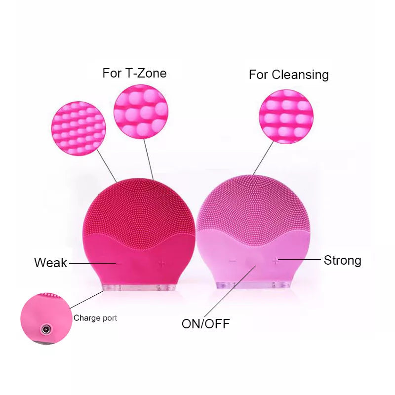Electric waterproof silicone facial cleansing brush with USB charging in various colors