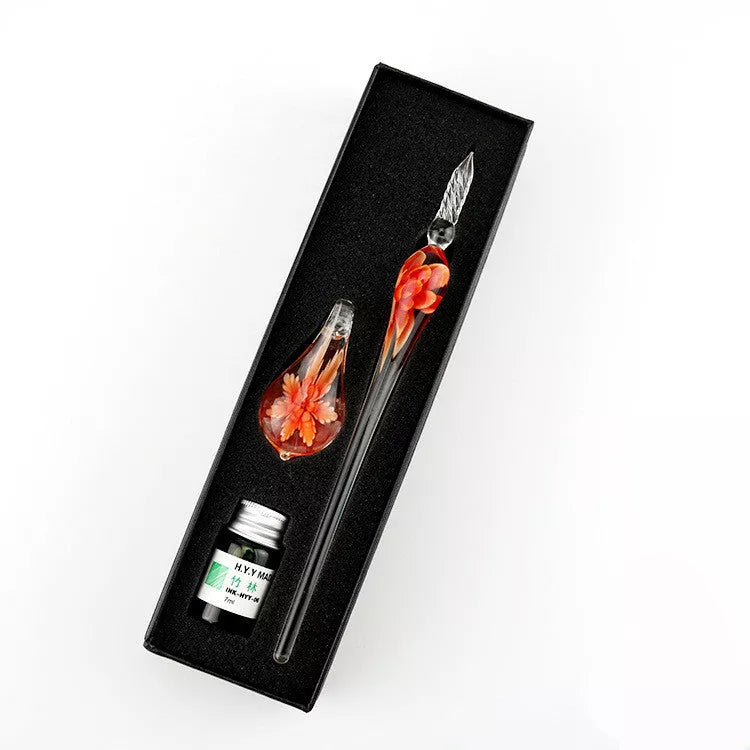 Crystal Flower Glass Dip Pen Set with elegant floral design and smooth writing nib