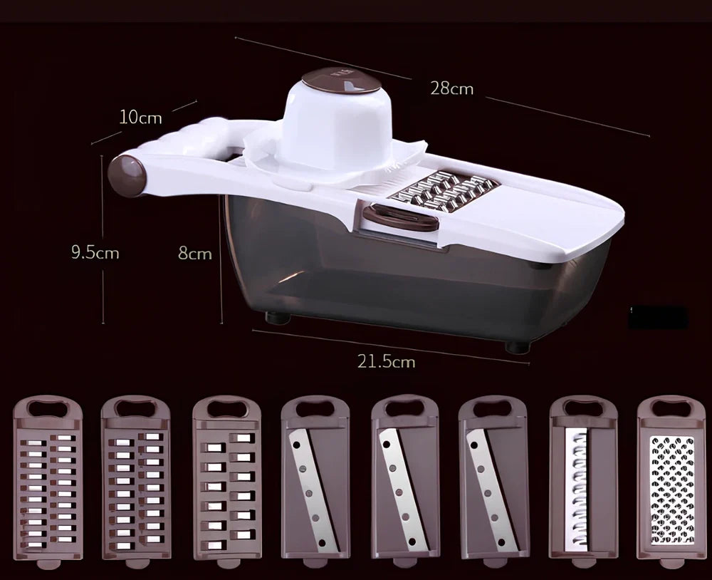 Brown multi-function vegetable chopper with stainless steel blades and safety protector, 28 cm long for slicing onions