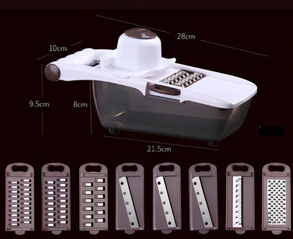 Brown multi-function vegetable chopper with stainless steel blades and safety protector, 28 cm long for slicing onions