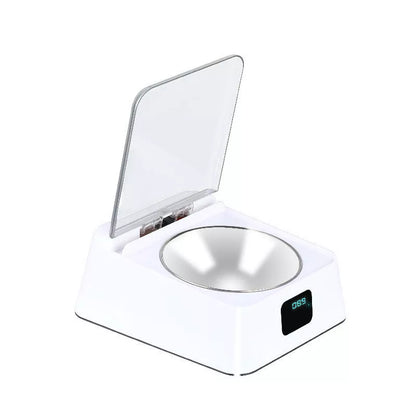 White automatic pet feeder with moisture and pest protection features
