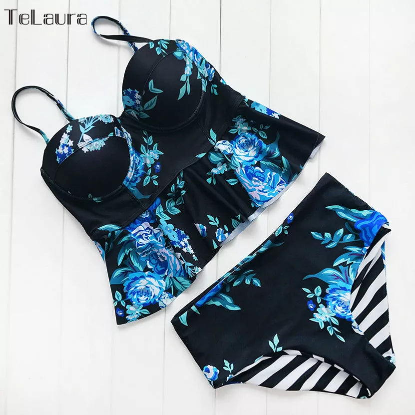 Women's floral high waisted push up bikini in vibrant colors, perfect for beach outings.