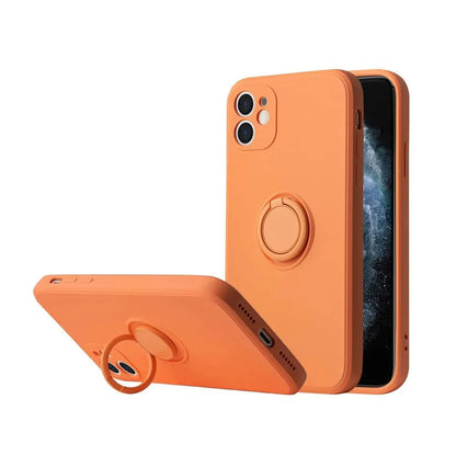 Liquid silicone case with rotating ring bracket for Apple iPhone 12 on a table, shown in green colour.