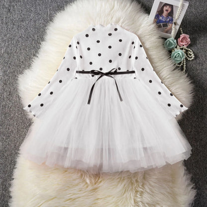 Baby girl's long sleeve black tutu lace dress with lace trim, shown on a hanger.