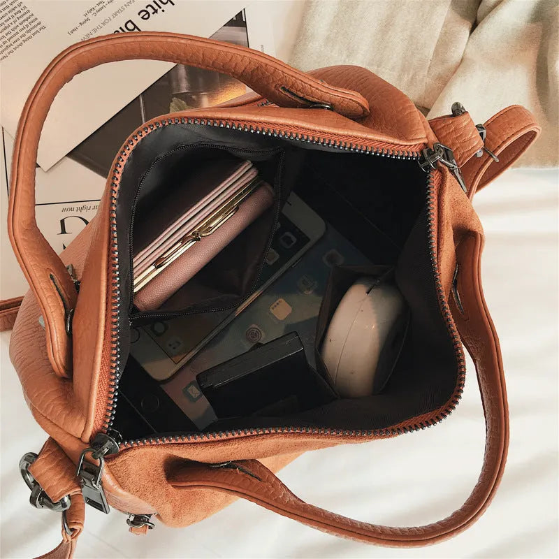 Women's casual tote shoulder bag in soft PU leather with smooth zipper, large capacity, and weighing 340g