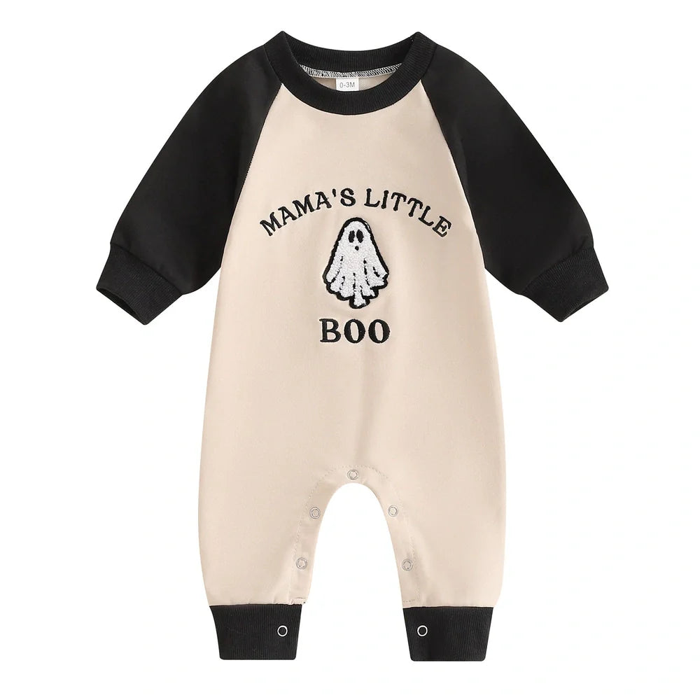 Apricot colour blocked baby jumpsuit with letter ghost embroidery, long sleeves, and pullover closure