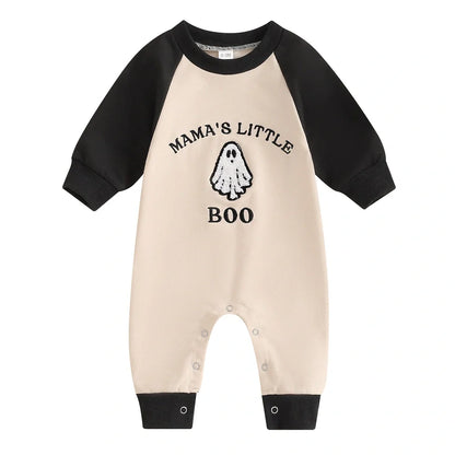 Apricot colour blocked baby jumpsuit with letter ghost embroidery, long sleeves, and pullover closure