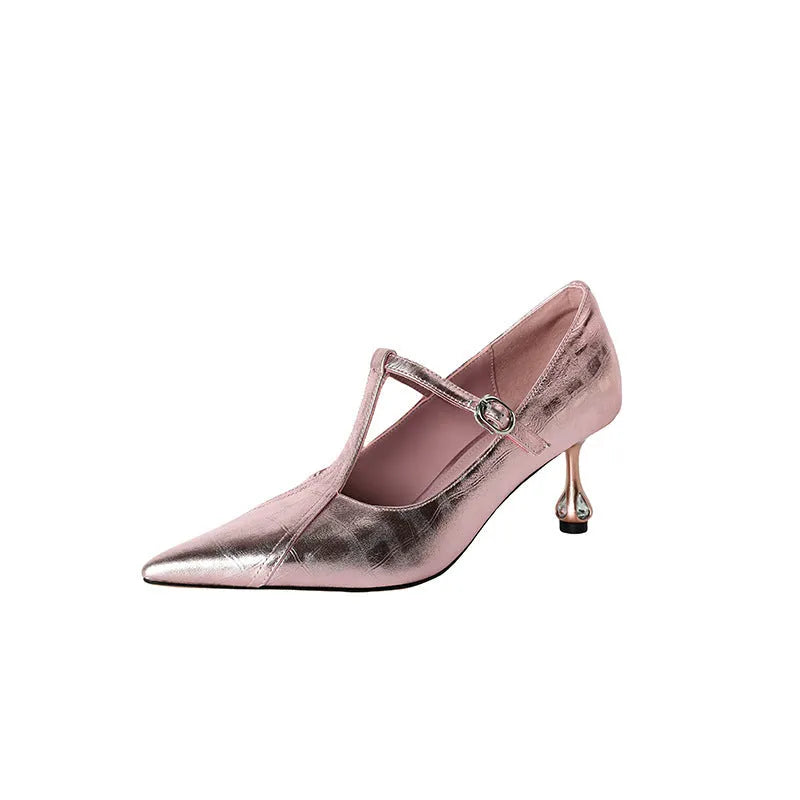 Genuine leather pointed-toe pumps with chunky 3-5cm heels in gun colour and pink options