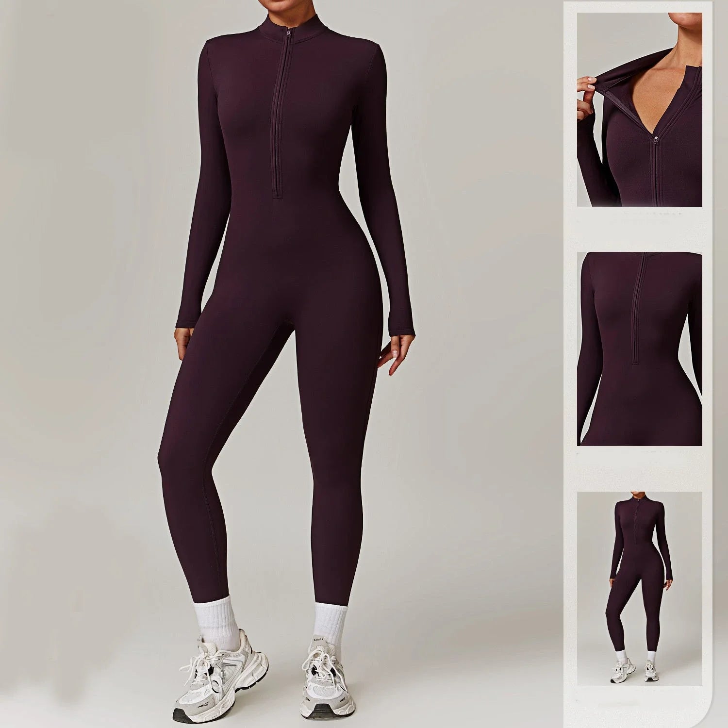 Cozy zippered jumpsuit in various colors, designed for yoga, fitness, and sports activities