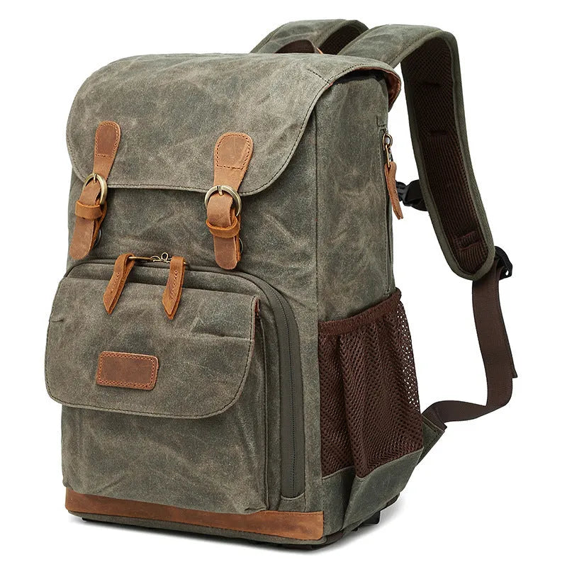 Canvas DSLR camera backpack in khaki colour with anti-theft anti-seismic features
