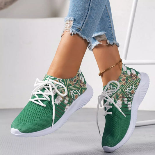 Women's summer woven flat shoes in green and blue with floral and totem prints