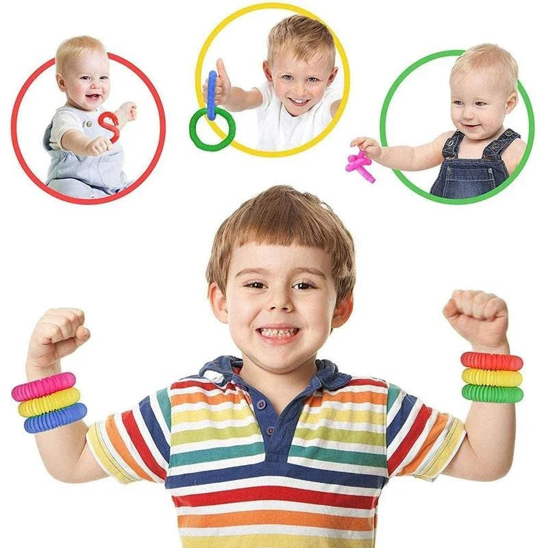 Colorful, flexible sensory fidget tube toy for kids, featuring vibrant colors and customizable shapes to promote creativity and sensory development