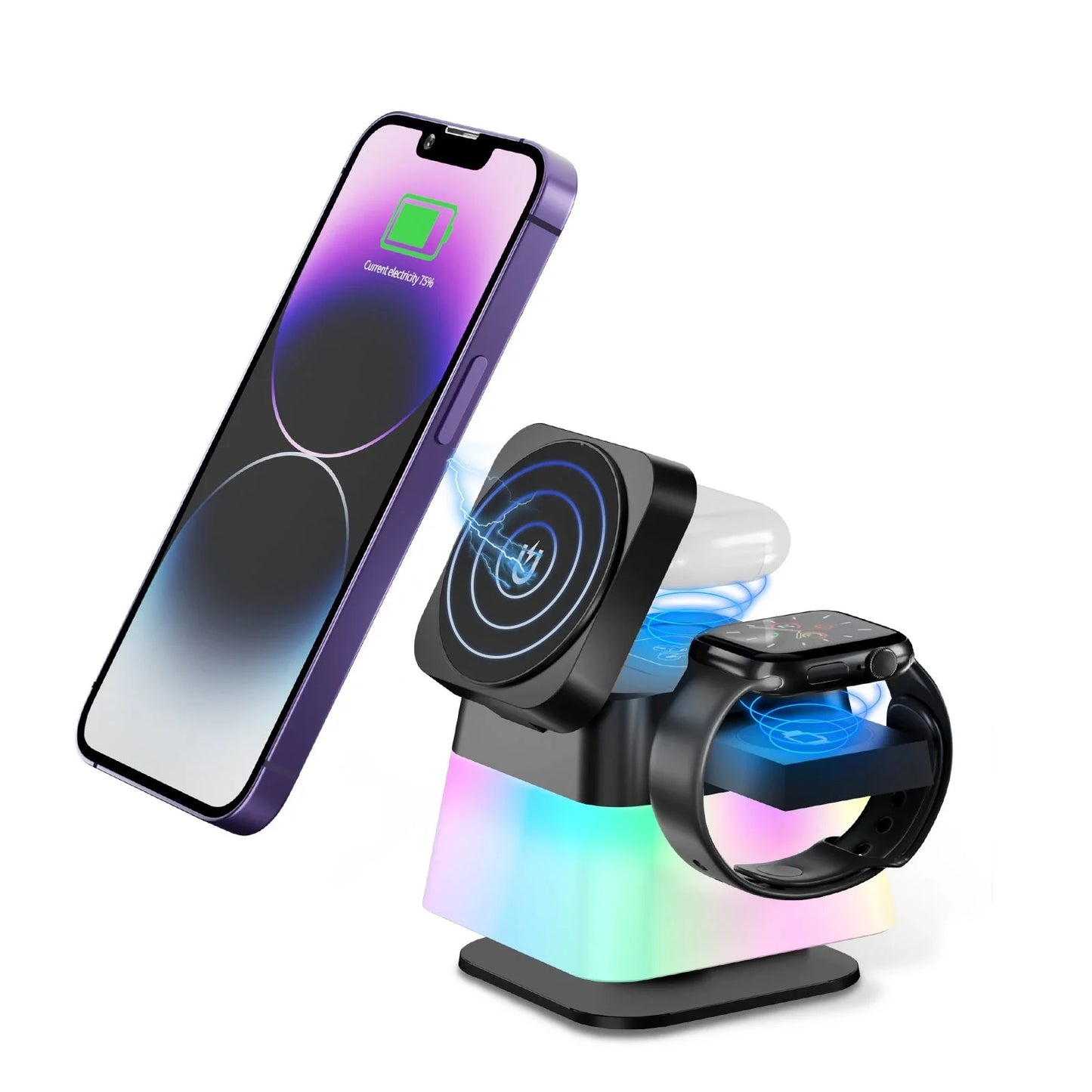Versatile 4-in-1 wireless charging station with adjustable LED lighting for smartphone, smartwatch, and wireless earbuds