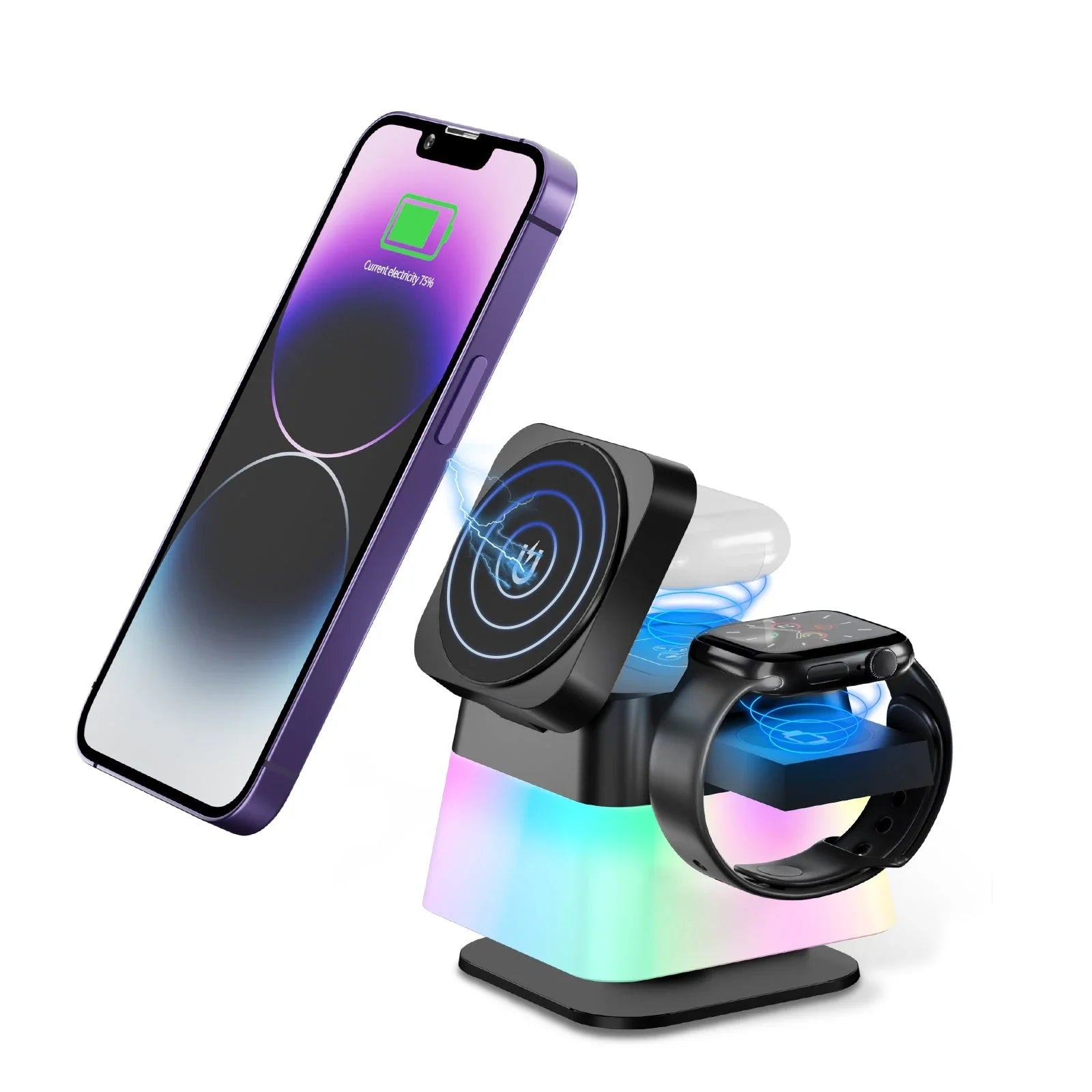 Versatile 4-in-1 wireless charging station with adjustable LED lighting for smartphone, smartwatch, and wireless earbuds