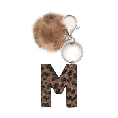 Leopard-print artificial leather keychain with oil-edged acrylic letter and included key ring, retro style