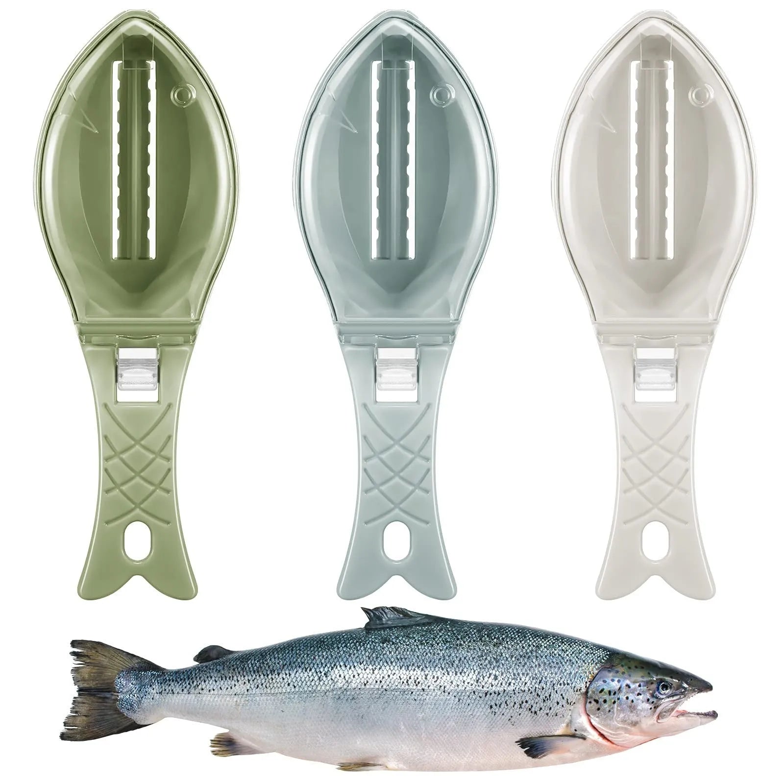 Fish scaler with fish-shaped handle and integrated scale cover for kitchen fish preparation