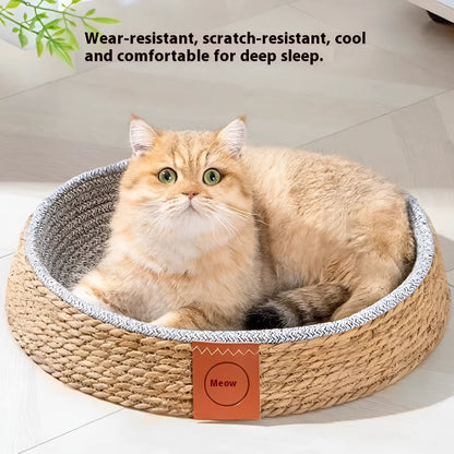 Natural rattan woven cat nest bed, available in four sizes, shown as a breathable basket-style pet bed.