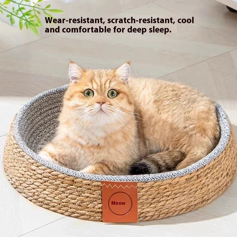 Woven rattan cat nest showing open construction for airflow, available in multiple sizes